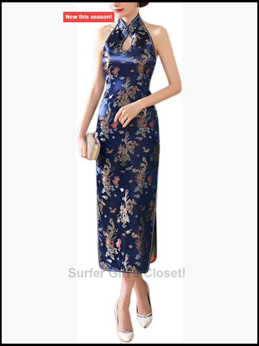 Women's Backless Halterneck Sleeveless Mandarin Collar Side Split Long Qipao